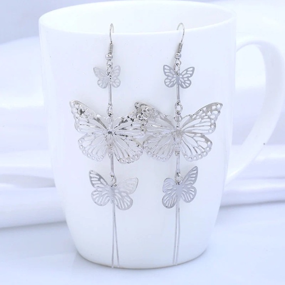 Dazzling Double Butterfly Dangling Earrings, Gold/Silver Butterfly Earrings - Picture 2 of 6